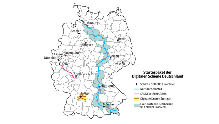 Deutschlandkarte mit den Projekten des Starterpakets der Digitalen Schiene Deutschland (Copyright: DB InfraGO AG, Digitale Schiene Deutschland)