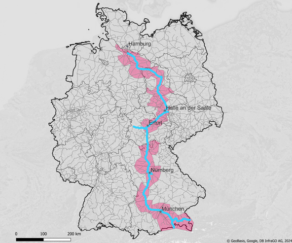 Map of Germany with the Corridor Scandinavian-Mediterranean (ScanMed) incl. network districts (Copyright: DB InfraGO AG, Digitale Schiene Deutschland)