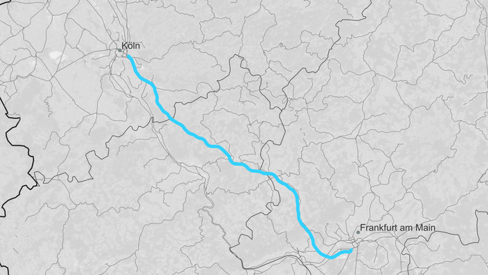 Map of the Cologne-Rhine/Main high-speed line (SFS KRM) (Copyright: DB InfraGO AG, Digitale Schiene Deutschland)