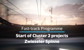 Railroad crossing with overhead lines. The sun is just setting. In the foreground of the picture: fast runner program, start of the Cluster 2 projects, Zwieseler Spinne Railroad crossing with overhead lines. The sun is just setting. In the foreground of the picture: fast runner program, start of the Cluster 2 projects, Zwieseler Spinne