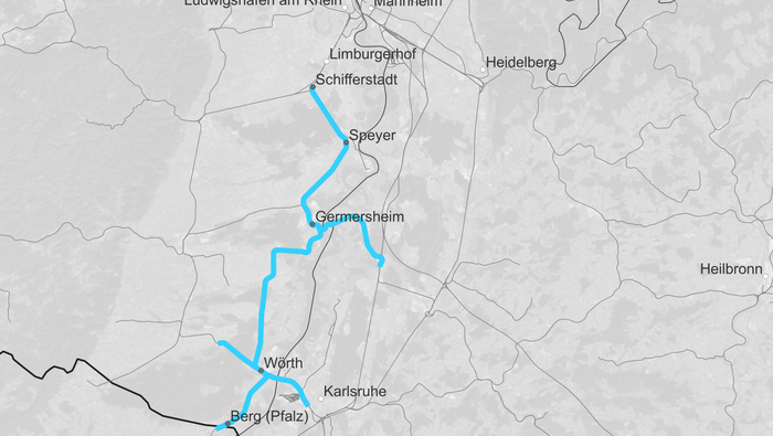 Route map SLP Wörth – Germersheim – Speyer (Copyright: DB InfraGO AG, Digitale Schiene Deutschland)