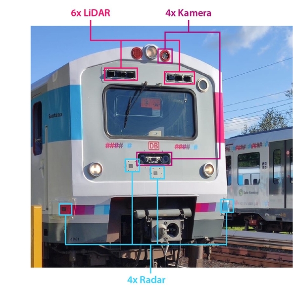Zugfront des Sensor4Rail-Fahrzeuges mit Sensoren