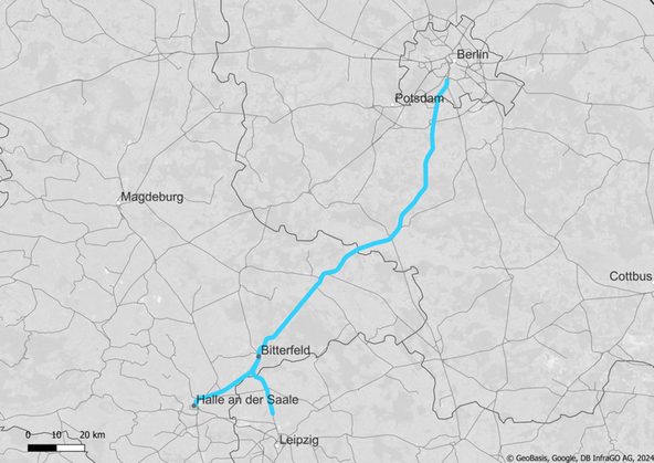 Blue Line from Halle to Berlin: Route map Leipzig/Halle – Berlin (VDE 8.3) (Copyright: DB InfraGO AG, Digitale Schiene Deutschland)
