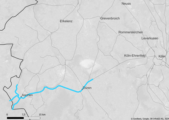 Streckenkarte Grenzübergang Belgien: Belgien – Aachen – Düren (Copyright: DB InfraGO AG, Digitale Schiene Deutschland)