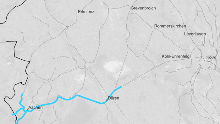 Route map border crossing Belgium: Belgium – Aachen – Düren (Copyright: DB InfraGO AG, Digitale Schiene Deutschland)