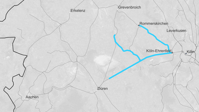 Streckenkarte Rommerskirchen – Köln-Ehrenfeld (Copyright: DB InfraGO AG, Digitale Schiene Deutschland)