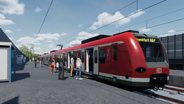 Abbildung 5: ein simulierter roter Zug hält an einem Bahnsteig und Menschen steigen ein. Quelle: dSPACE GmbH