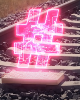 Ein neon pink leuchtender Hashtag über einer ETCS Balise in einem Gleis.