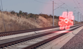 Two tracks with overhead lines. A transparent red hashtag floats on the tracks Two tracks with overhead lines. A transparent red hashtag floats on the tracks