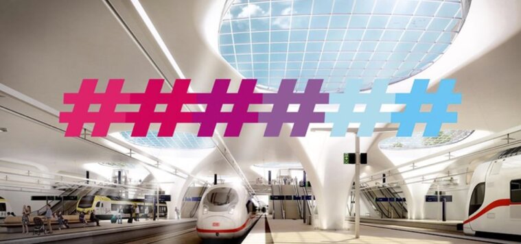 Simulierte Ansicht eines Bahnhofs im Untergrund. Ein ICE steht an einem Bahnsteig. In der Decke gibt es ein großes Fenster. Im Vordergrund des Bildes sind sechs Hashtags in den Farben: Pink, Rot, Magenta, Violett, Hellblau, Blau Simulierte Ansicht eines Bahnhofs im Untergrund. Ein ICE steht an einem Bahnsteig. In der Decke gibt es ein großes Fenster. Im Vordergrund des Bildes sind sechs Hashtags in den Farben: Pink, Rot, Magenta, Violett, Hellblau, Blau
