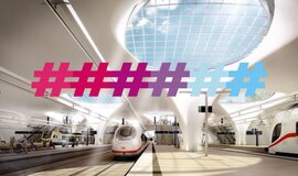 A visualisation of Stuttgart 21. Trains on tracks as well as people can be seen. A visualisation of Stuttgart 21. Trains on tracks as well as people can be seen.
