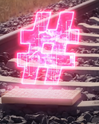 a neon pink hashtag floating over a ETCS balise inside a rail. a neon pink hashtag floating over a ETCS balise inside a rail.